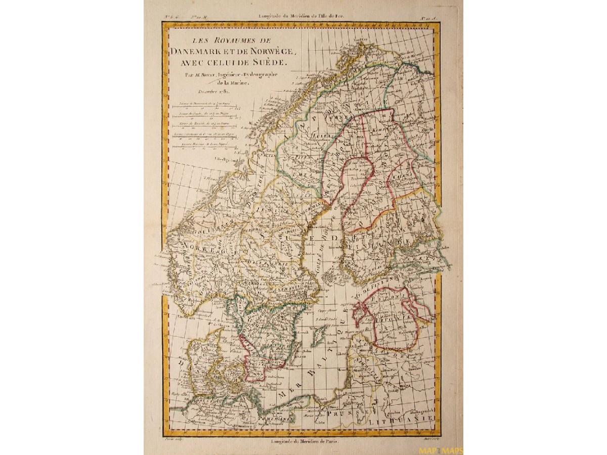 Kingdoms Denmark Sweden Norway Early Map By Bonne 1781